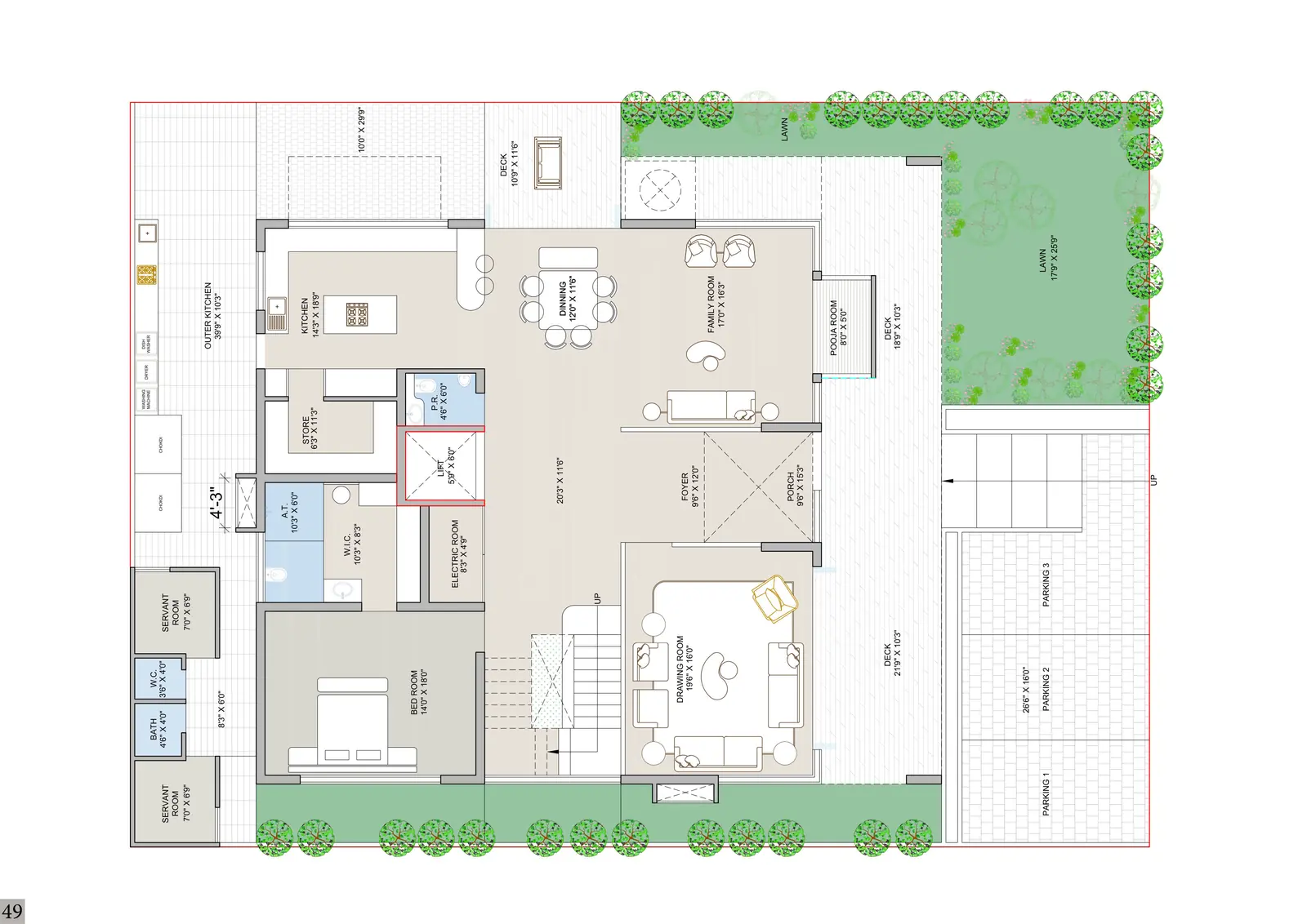 Rendered ground floor plan with kitchen, family room, drawing room, decks and lawn
