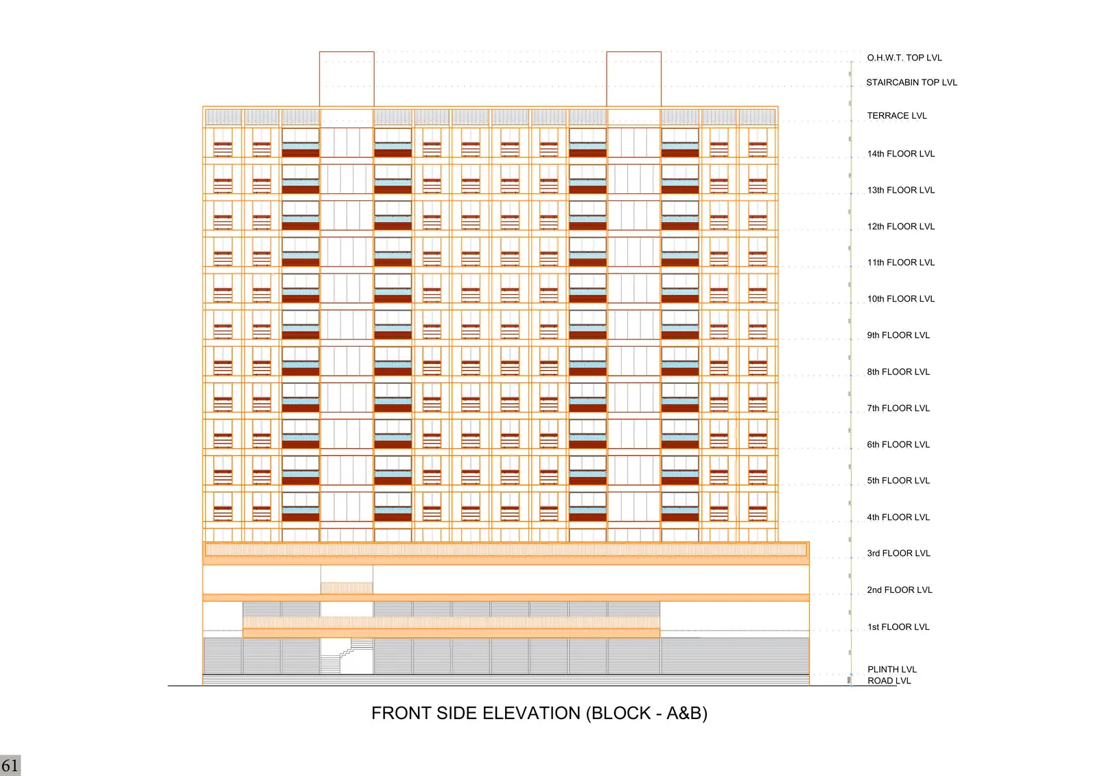 Front side elevation of blocks A and B with floor levels
