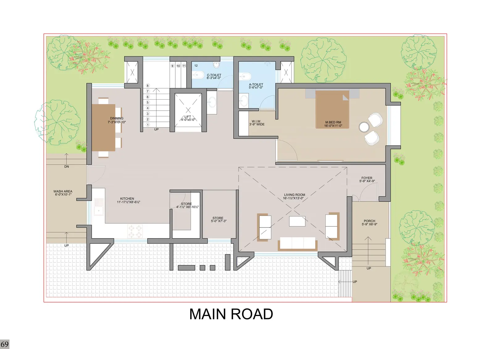 Rendered ground floor plan facing the main road, with living room, kitchen and master bedroom