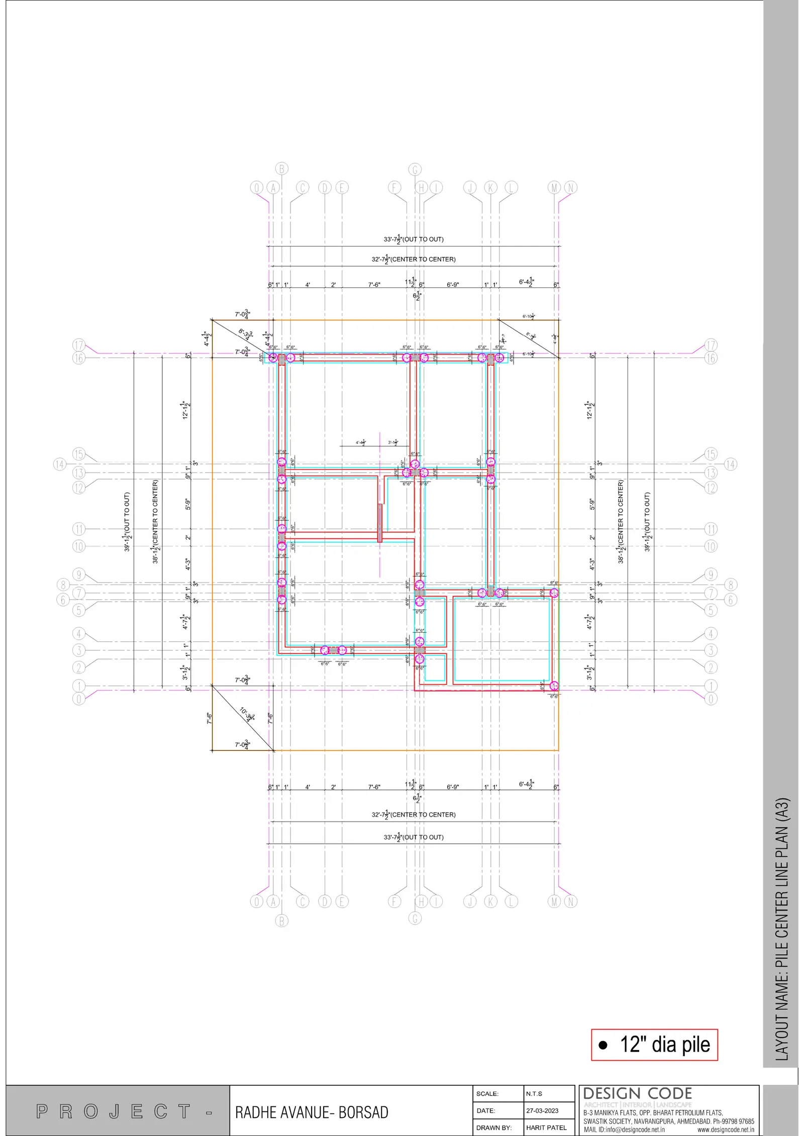 Pile centre-line plan with 12-inch diameter piles on a dimensioned grid