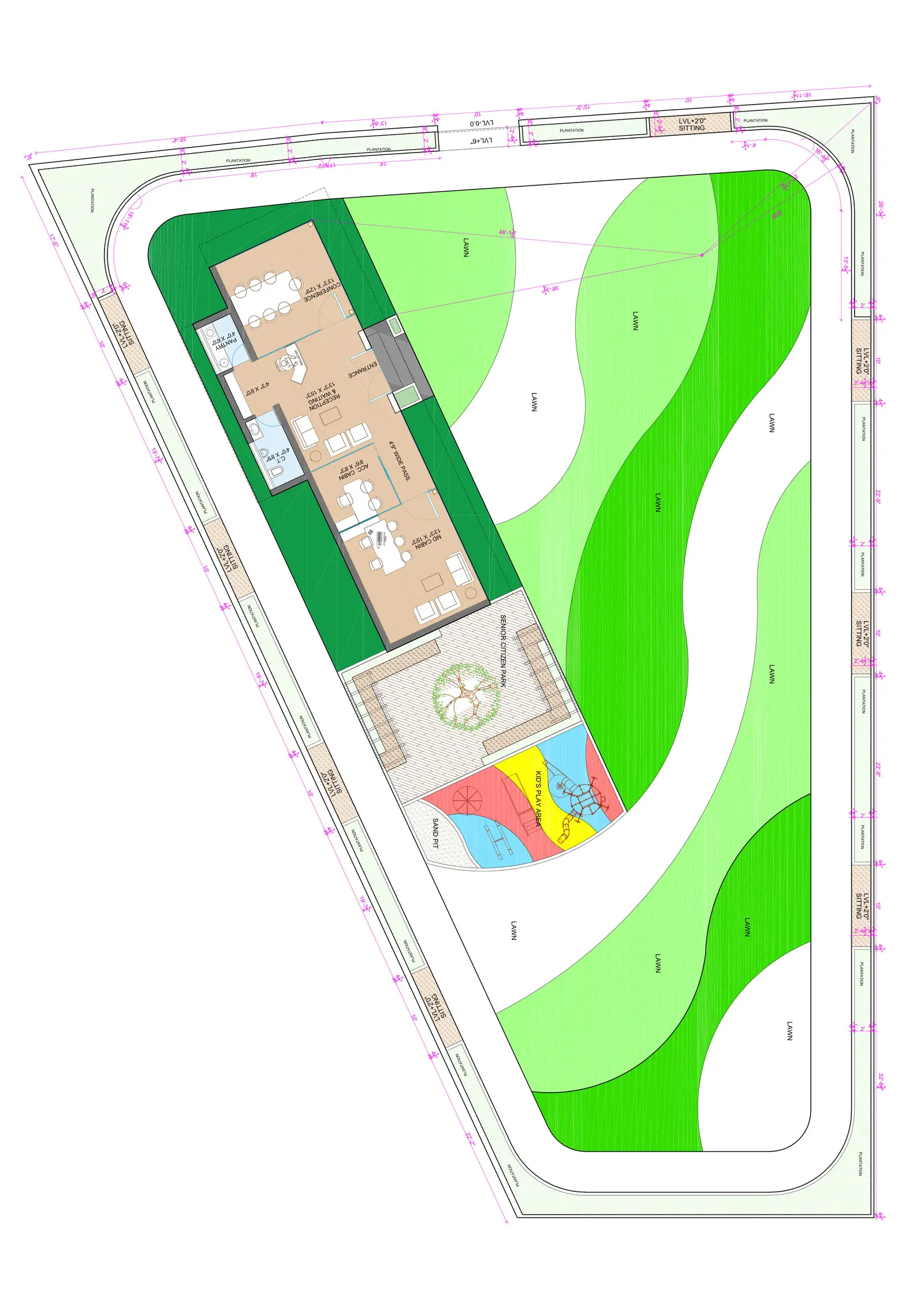 Coloured landscape plan of the amenity block in the common plot, with lawns and play areas