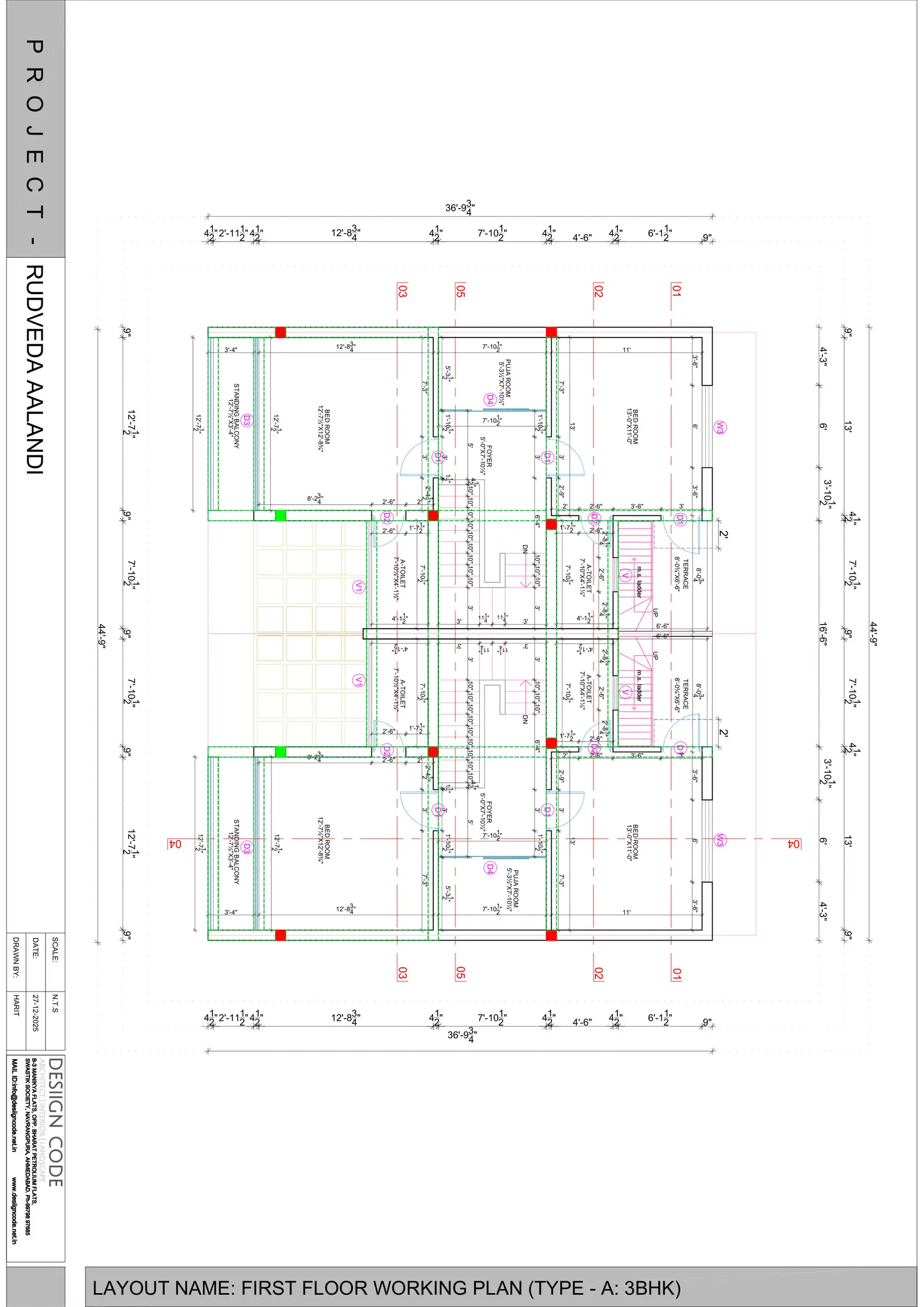 First floor working plan for Type A 3BHK, fully dimensioned