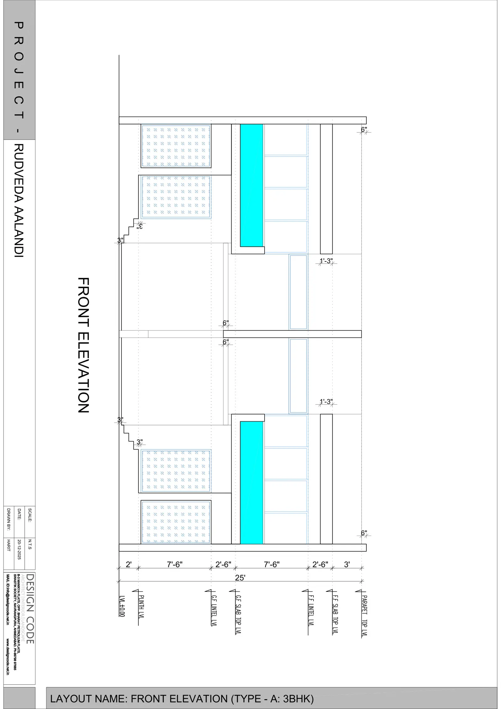 Front elevation of a pair of Type A row houses with patterned screen panels, levels and dimensions