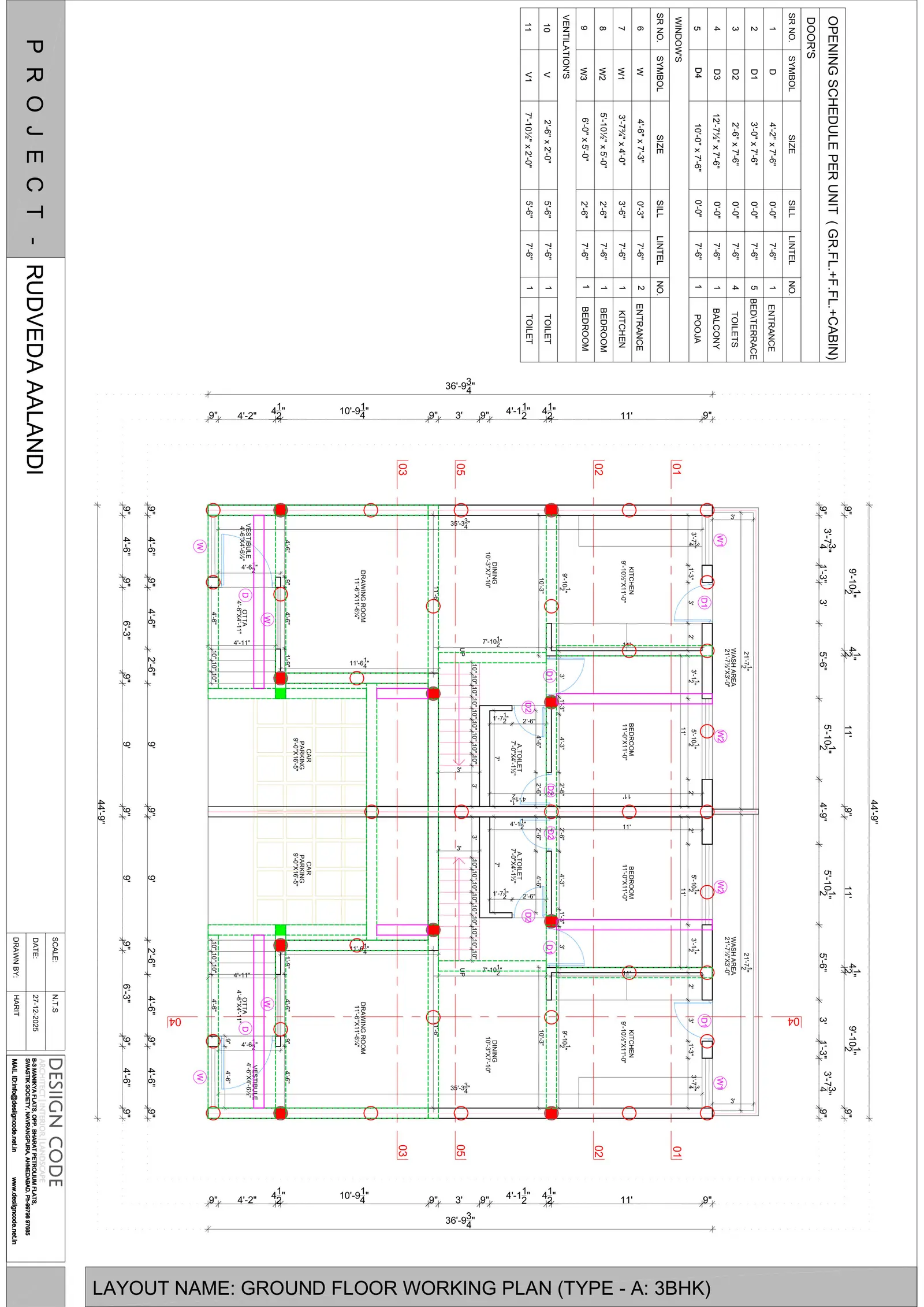 Ground floor working plan for a Type A 3BHK row house with dimensions, columns and an opening schedule