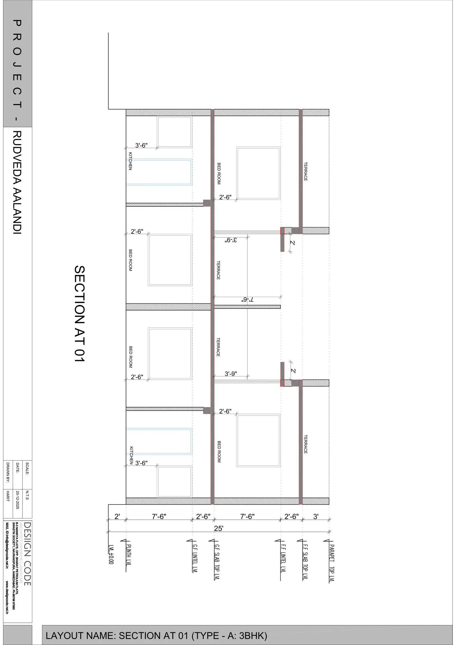 Section at 01 through a pair of row houses with levels and dimensions