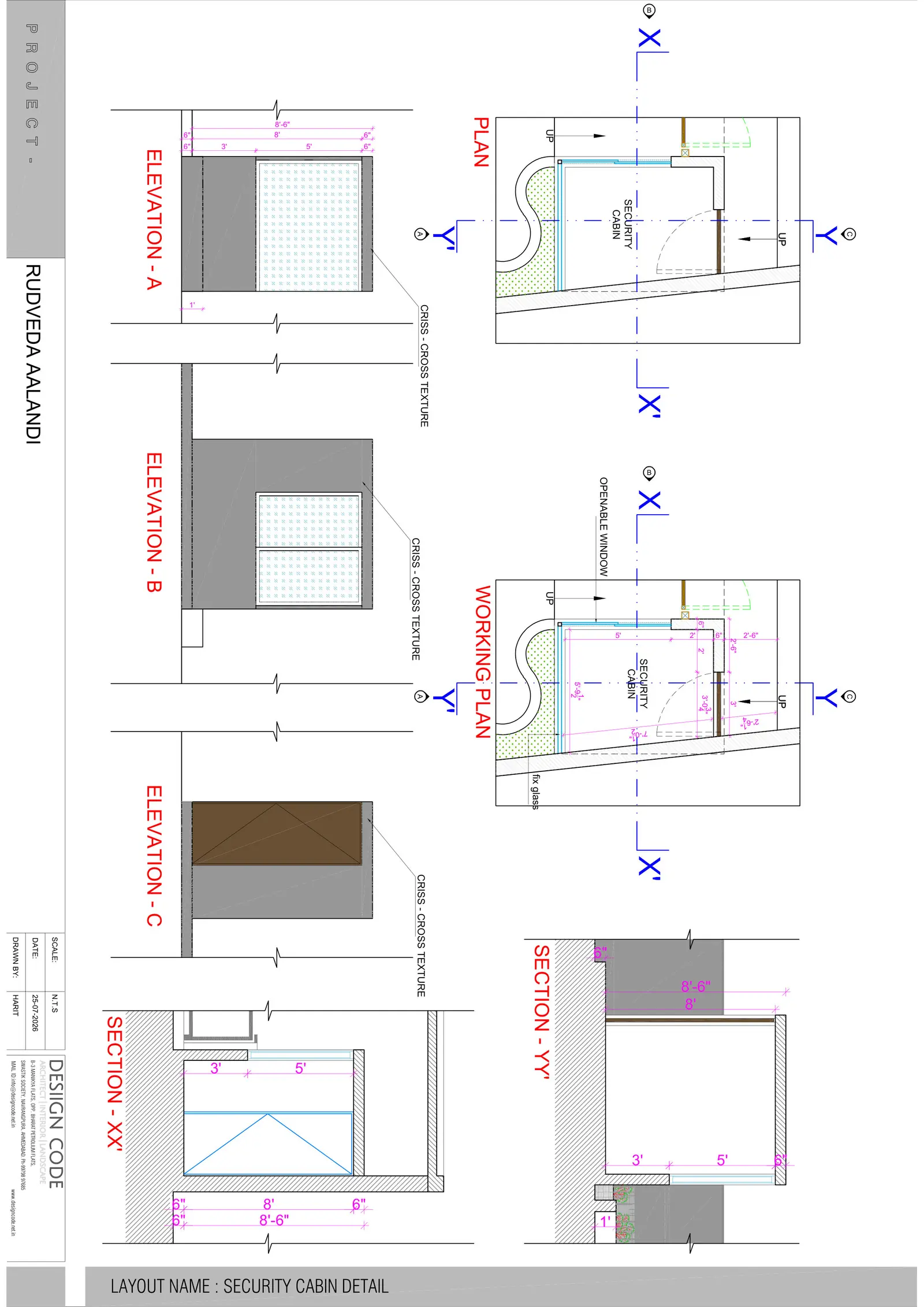 Security cabin detail: plan, working plan, elevations and sections