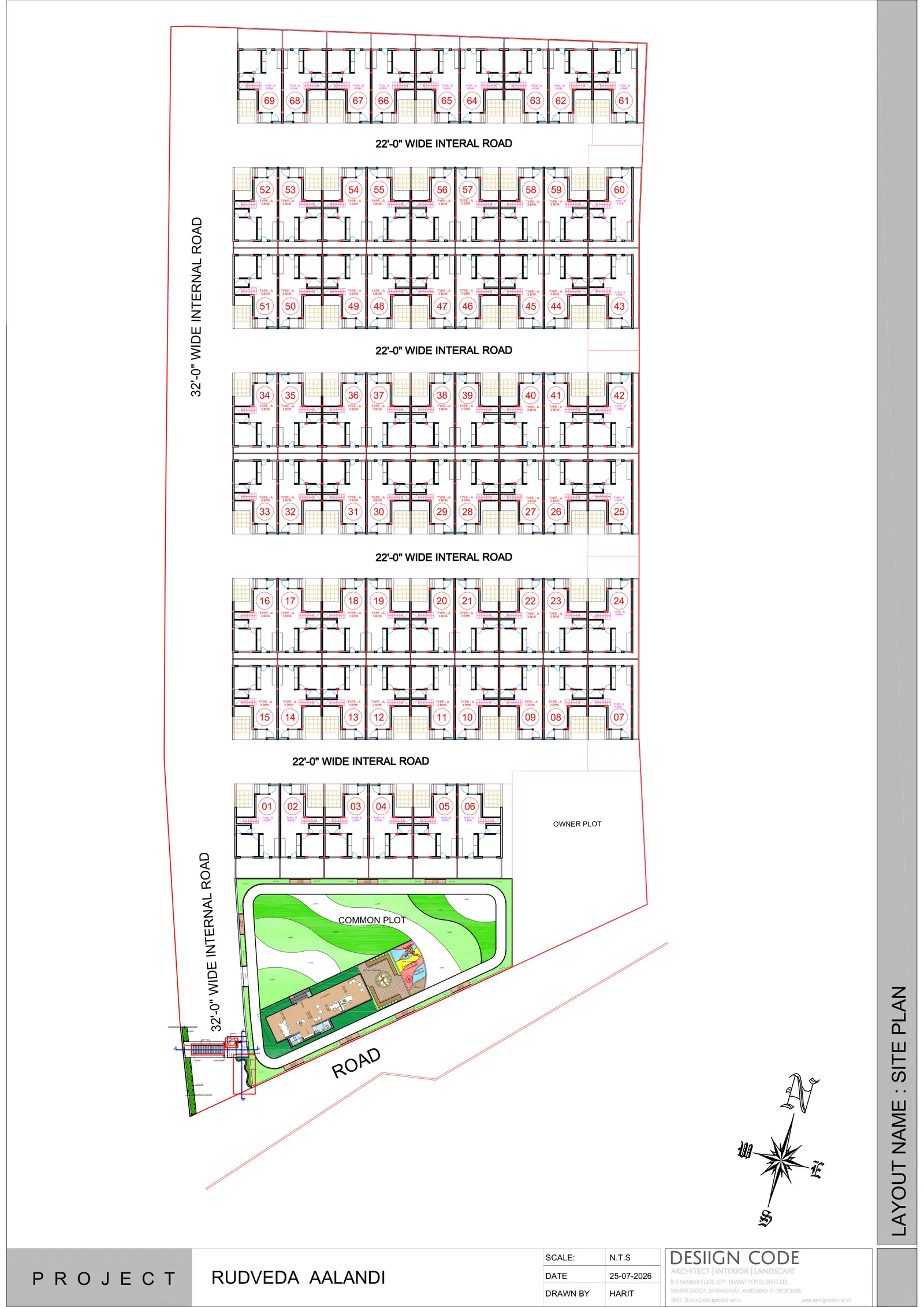 Site plan of Rudveda Aalandi: 69 numbered row houses along internal roads with a landscaped common plot at the entrance