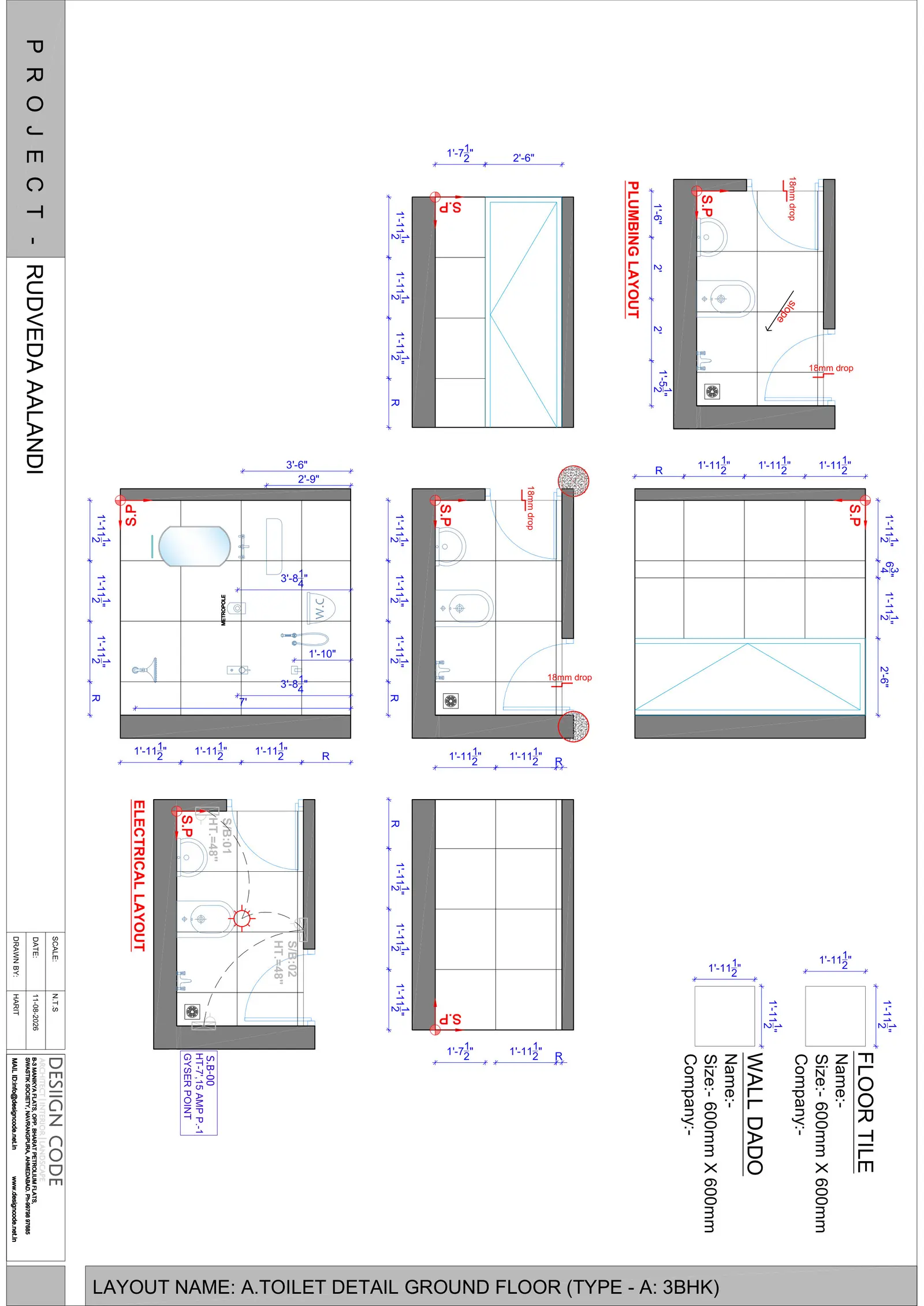 Toilet details: tile layouts, wall elevations, plumbing and electrical layouts