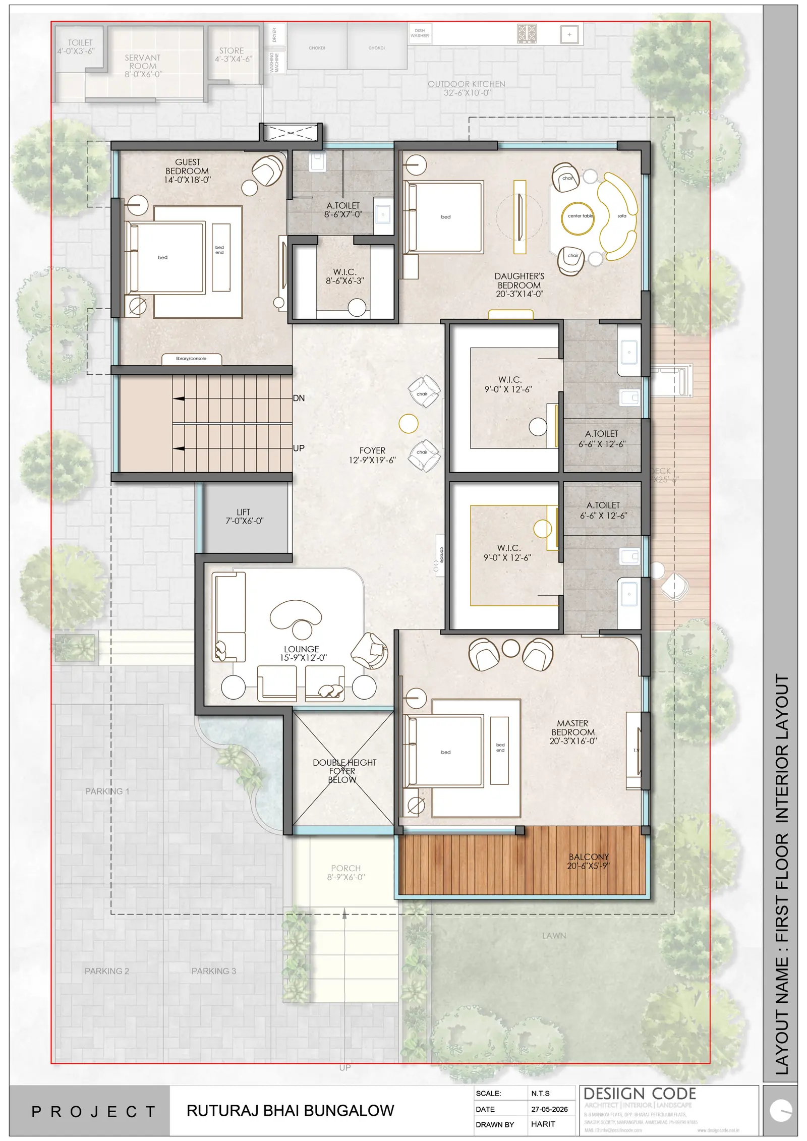 Rendered first floor interior layout with master, daughter's and guest bedrooms, lounge, foyer and balcony