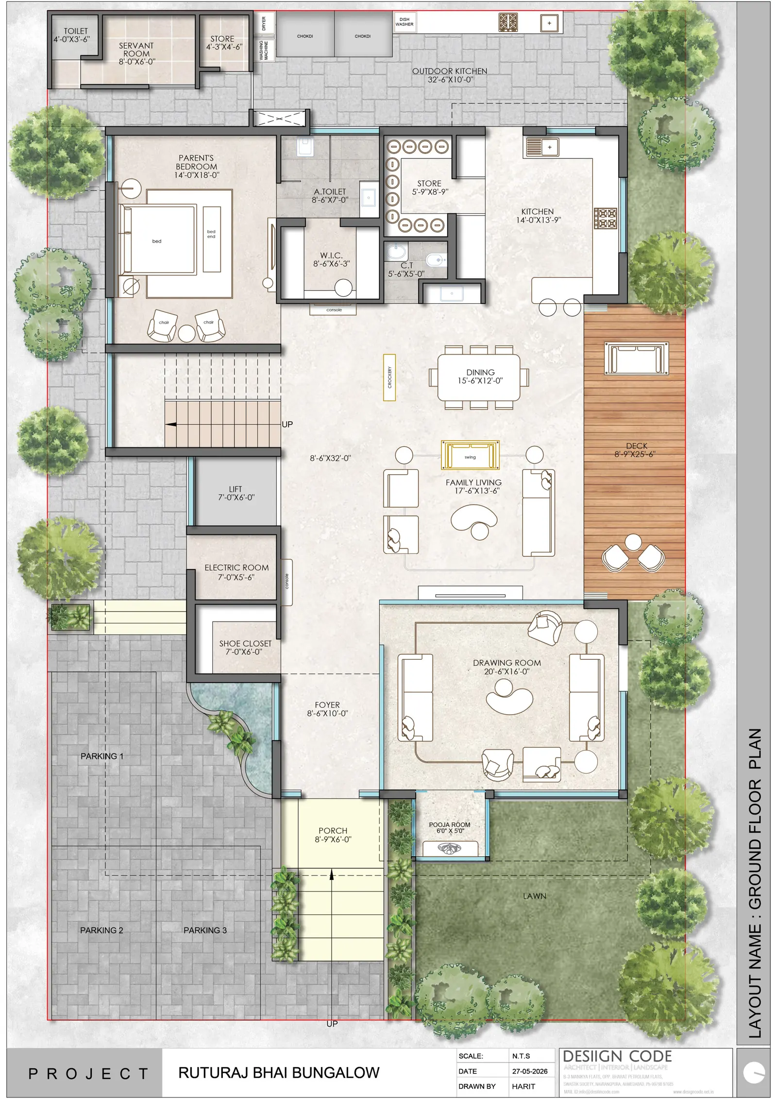 Rendered ground floor plan of Ruturaj Bhai Bungalow with porch, foyer, drawing room, family living, dining, kitchen, deck and outdoor kitchen