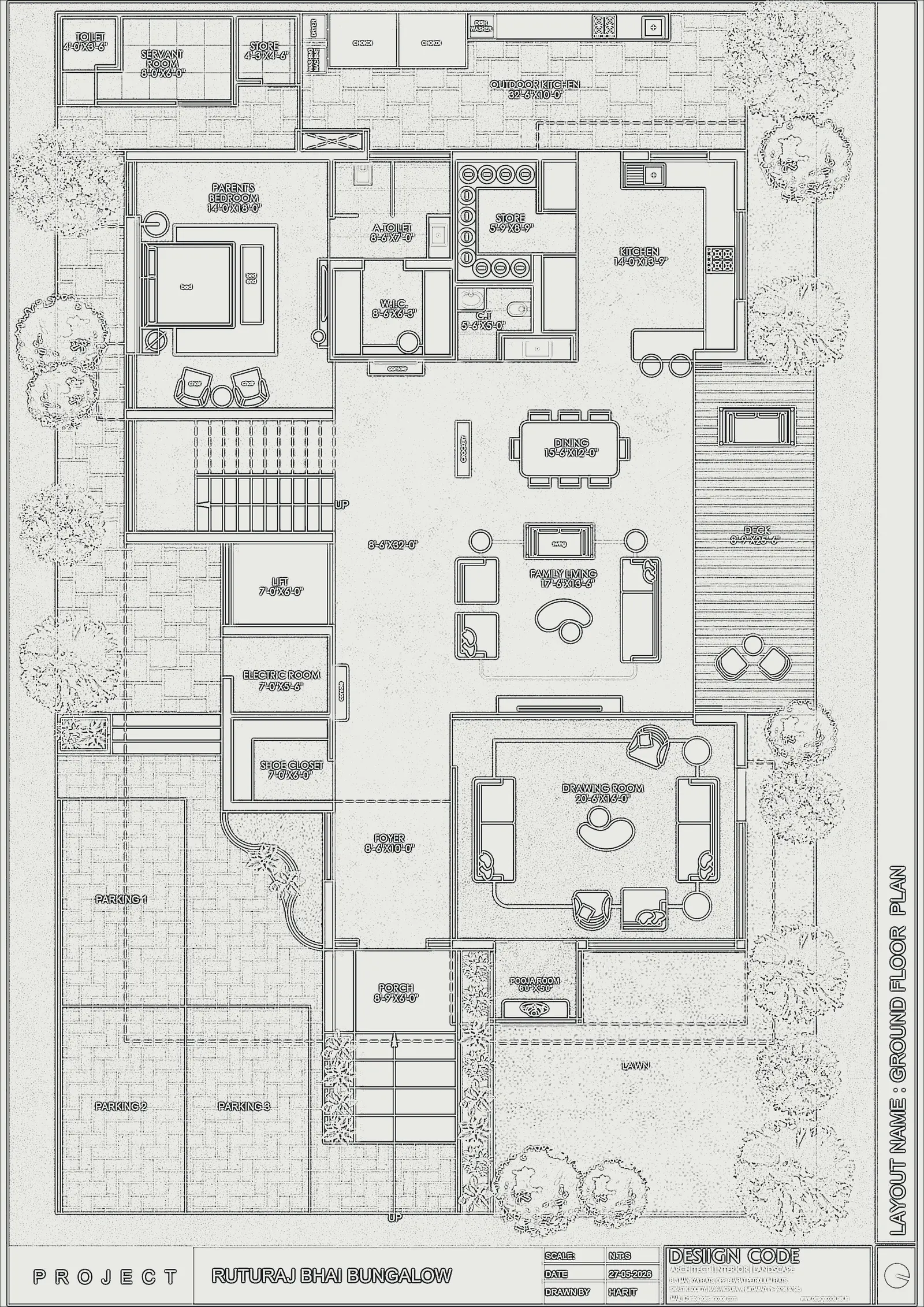Ground floor plan of Ruturaj Bhai Bungalow as black line work on tracing paper