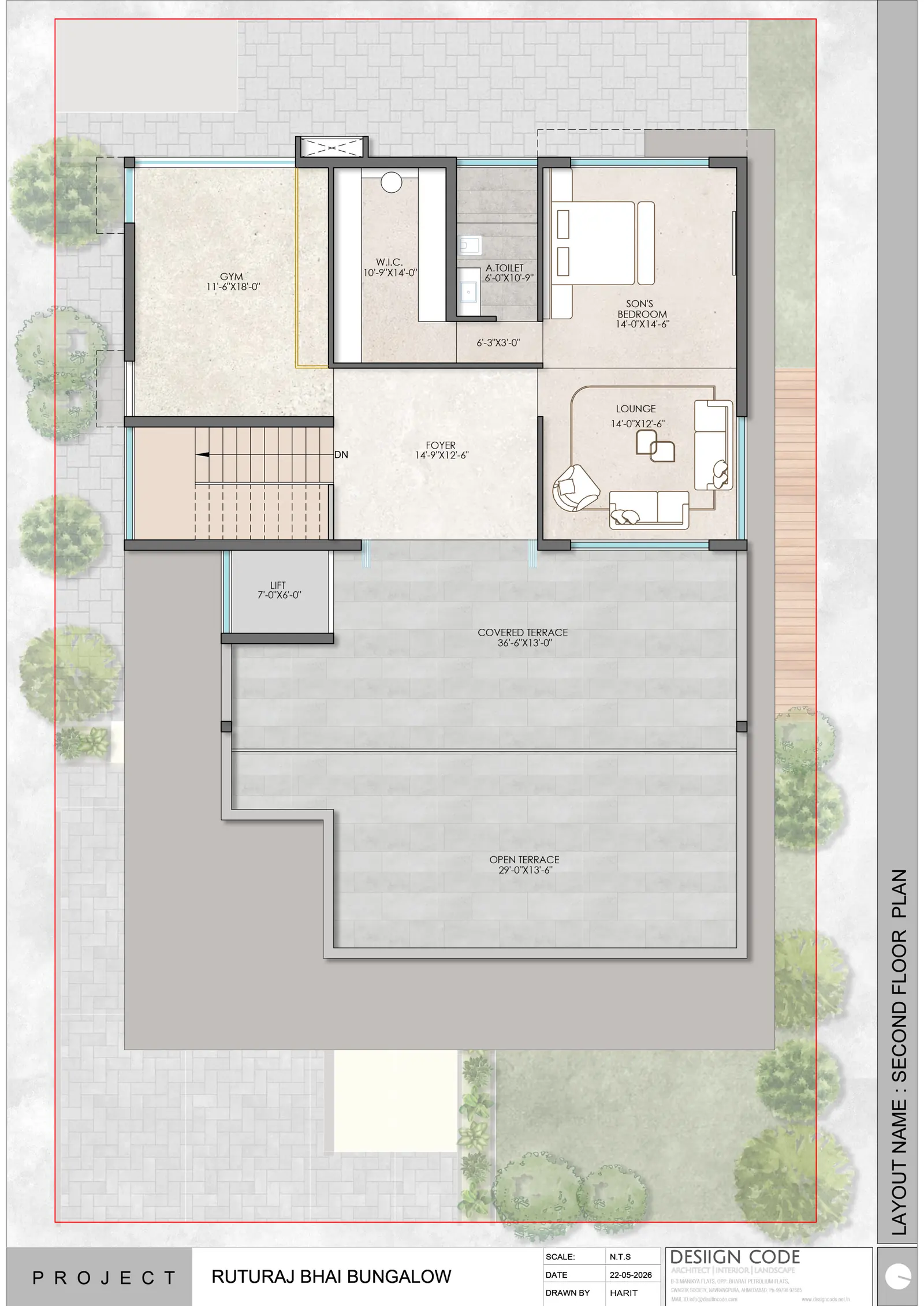Rendered second floor plan with gym, son's bedroom, lounge and covered and open terraces
