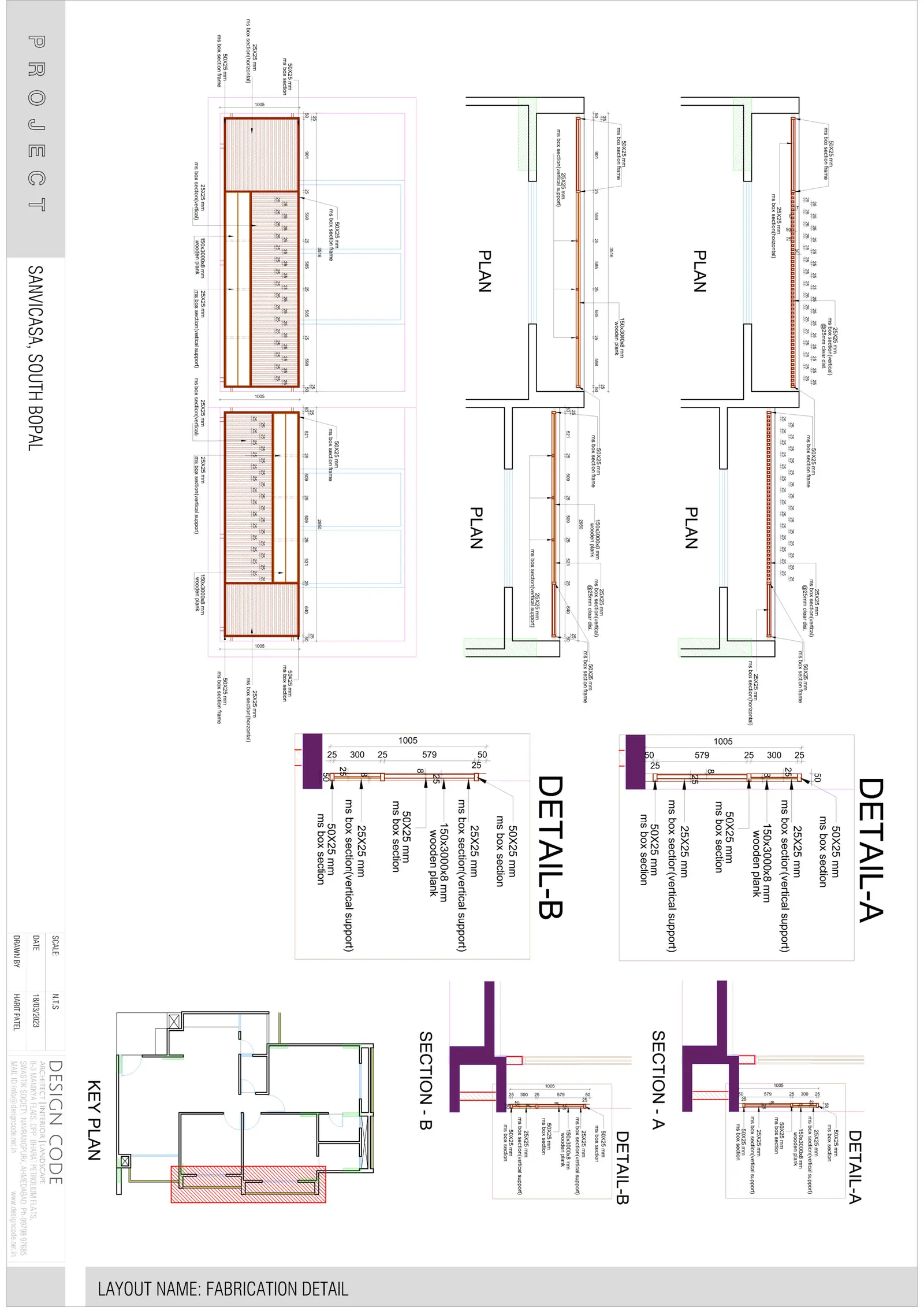 Balcony fabrication detail in MS box sections and wooden planks