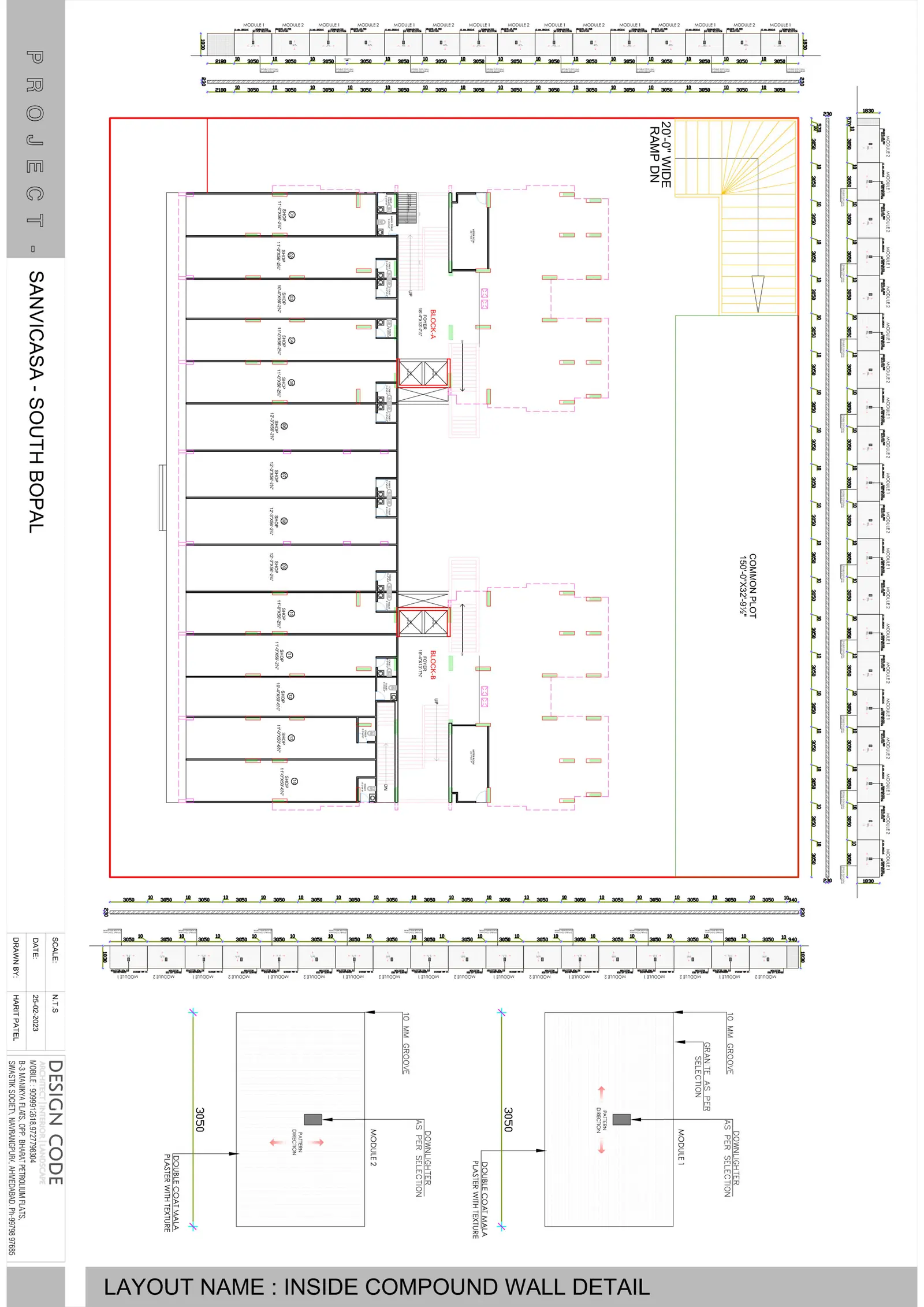Inside compound wall detail with elevations and sections