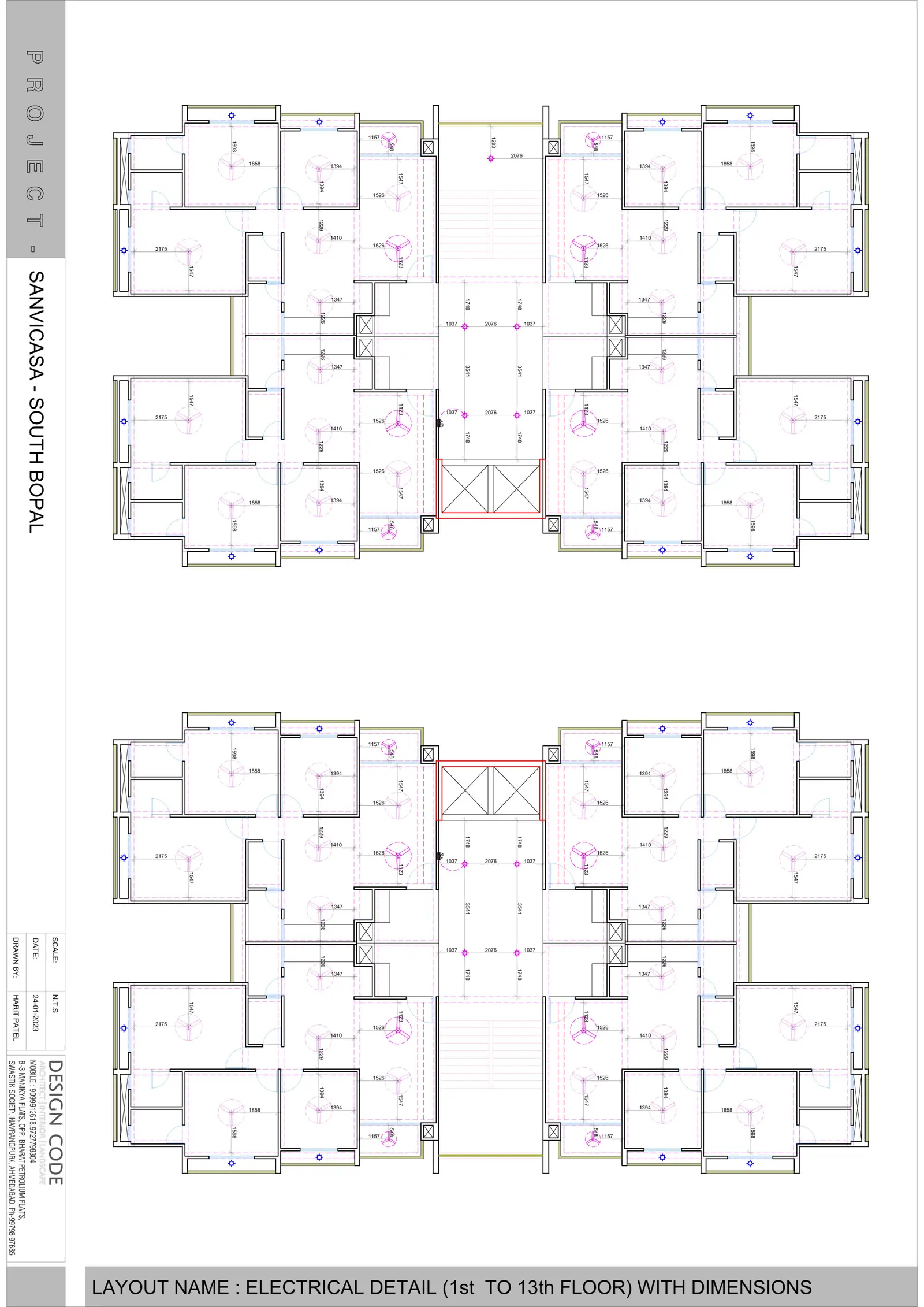 Electrical layout of a typical floor (1st to 13th) of Sanvicasa apartments, Blocks A and B