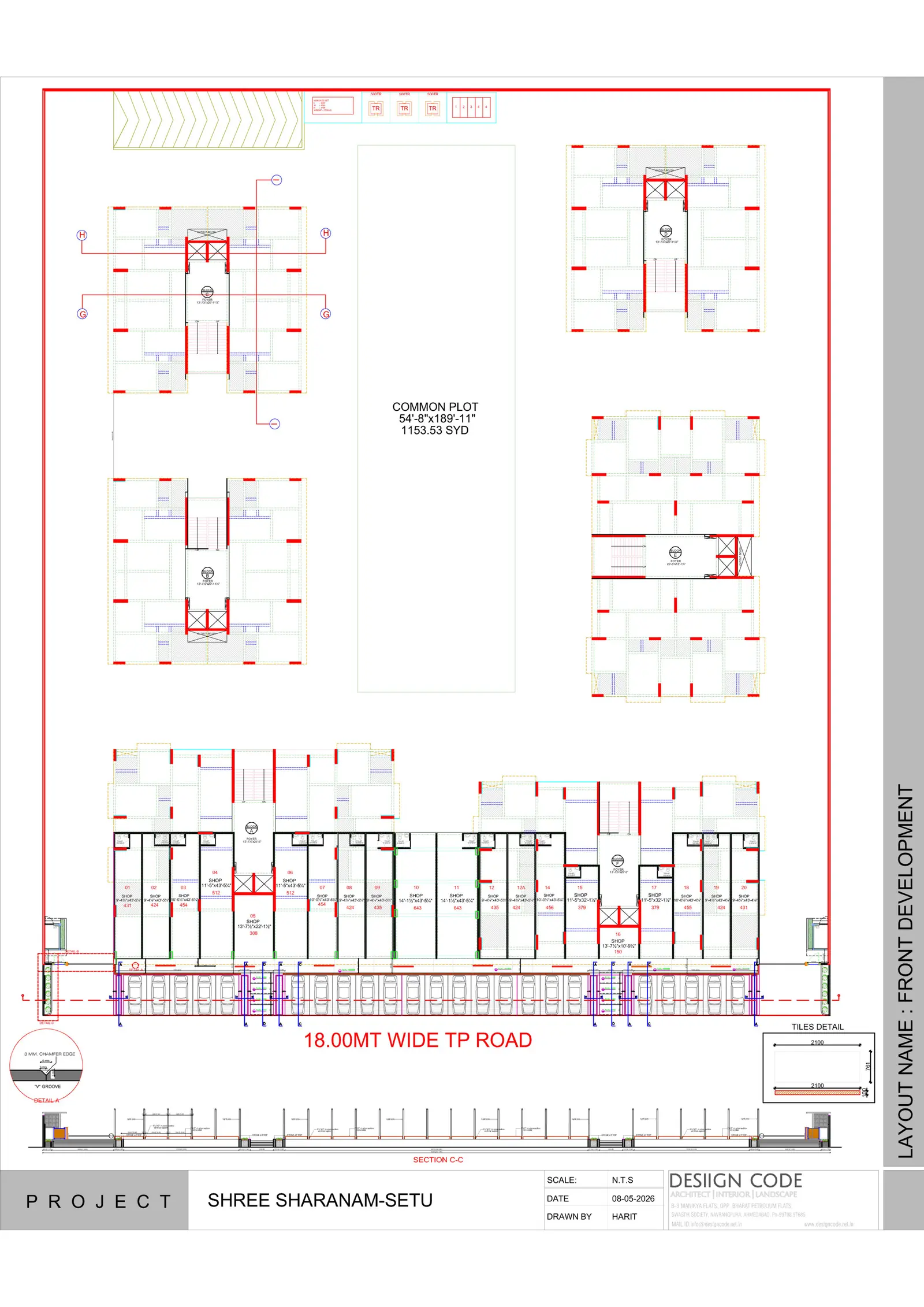 Front development plan with blocks, common plot and shops along an 18 m TP road