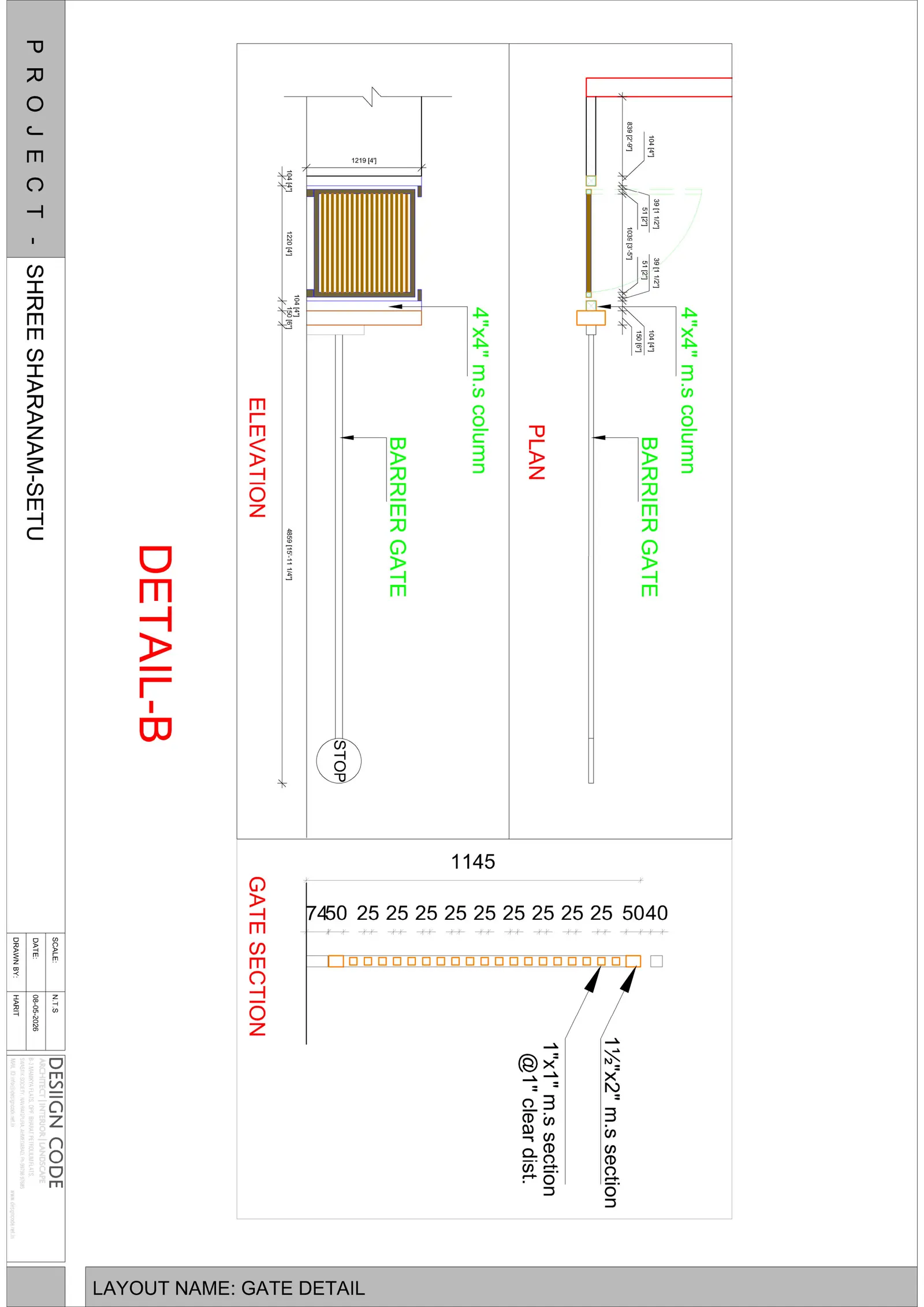 Gate detail: barrier gate plan, elevation and section