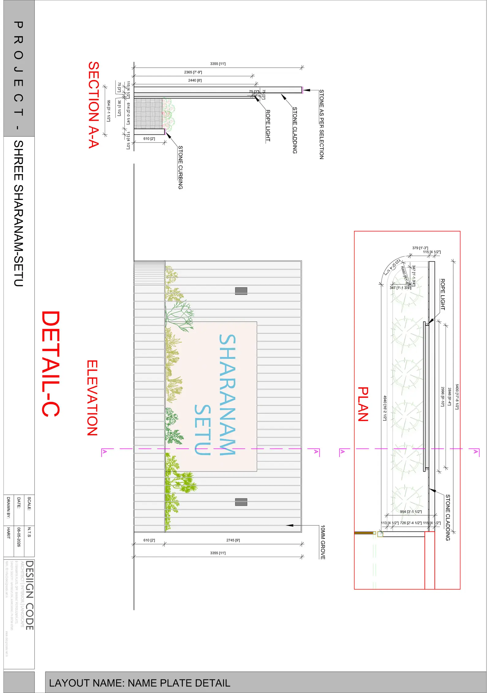 Name plate detail: elevation, plan and section