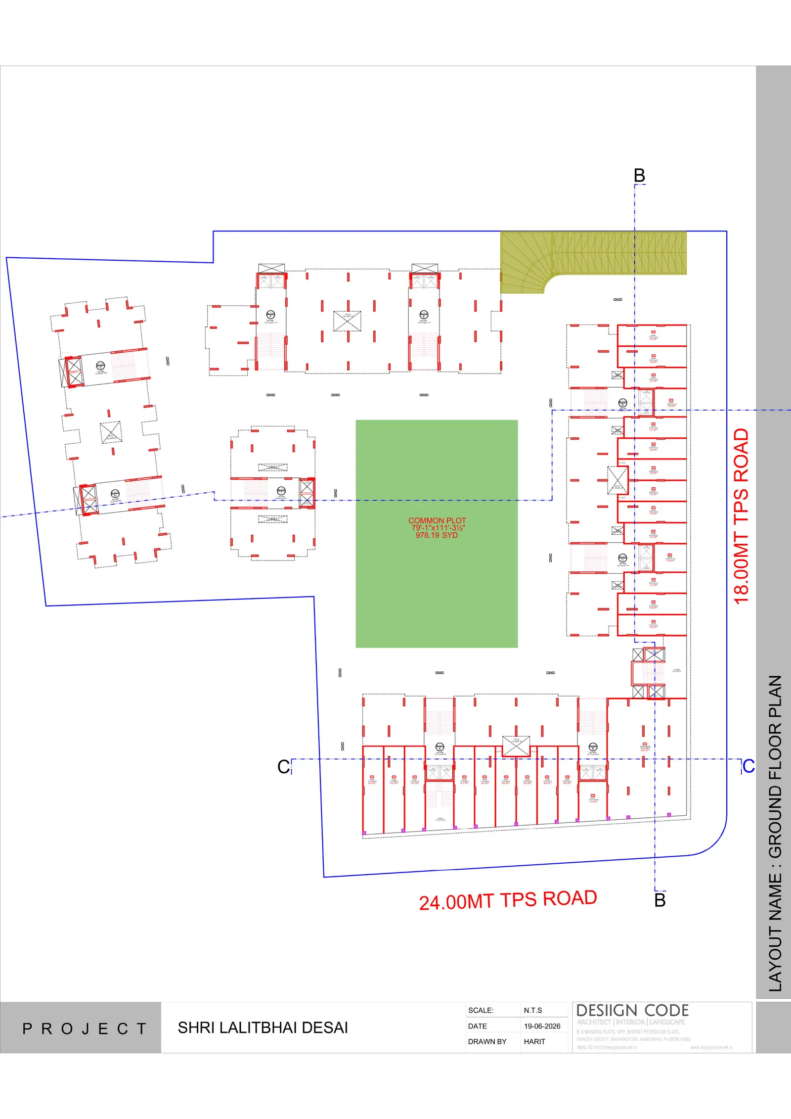 Ground floor plan of the complex with blocks around a central green