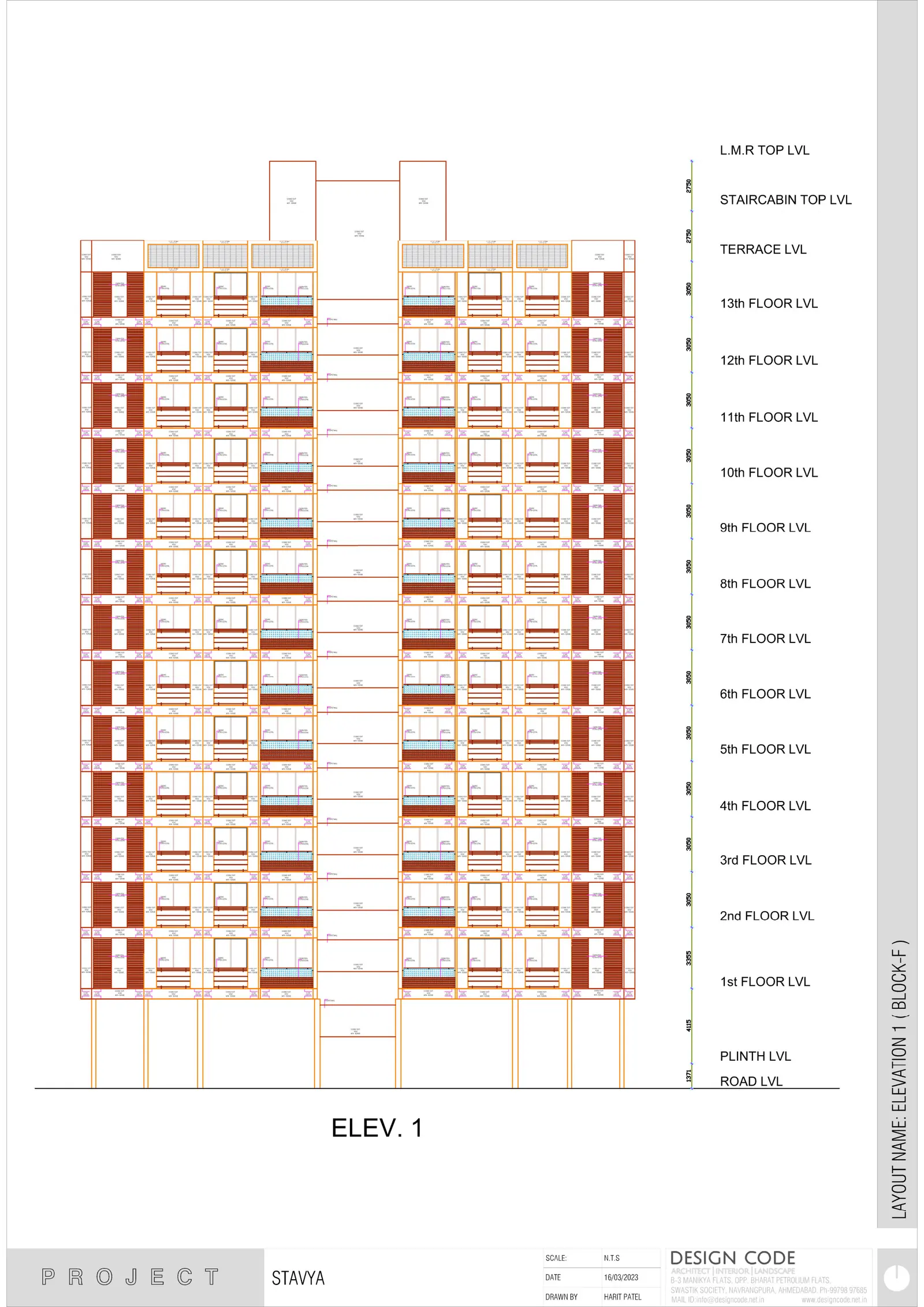 Elevation 1 of the tower in brick red with floor levels