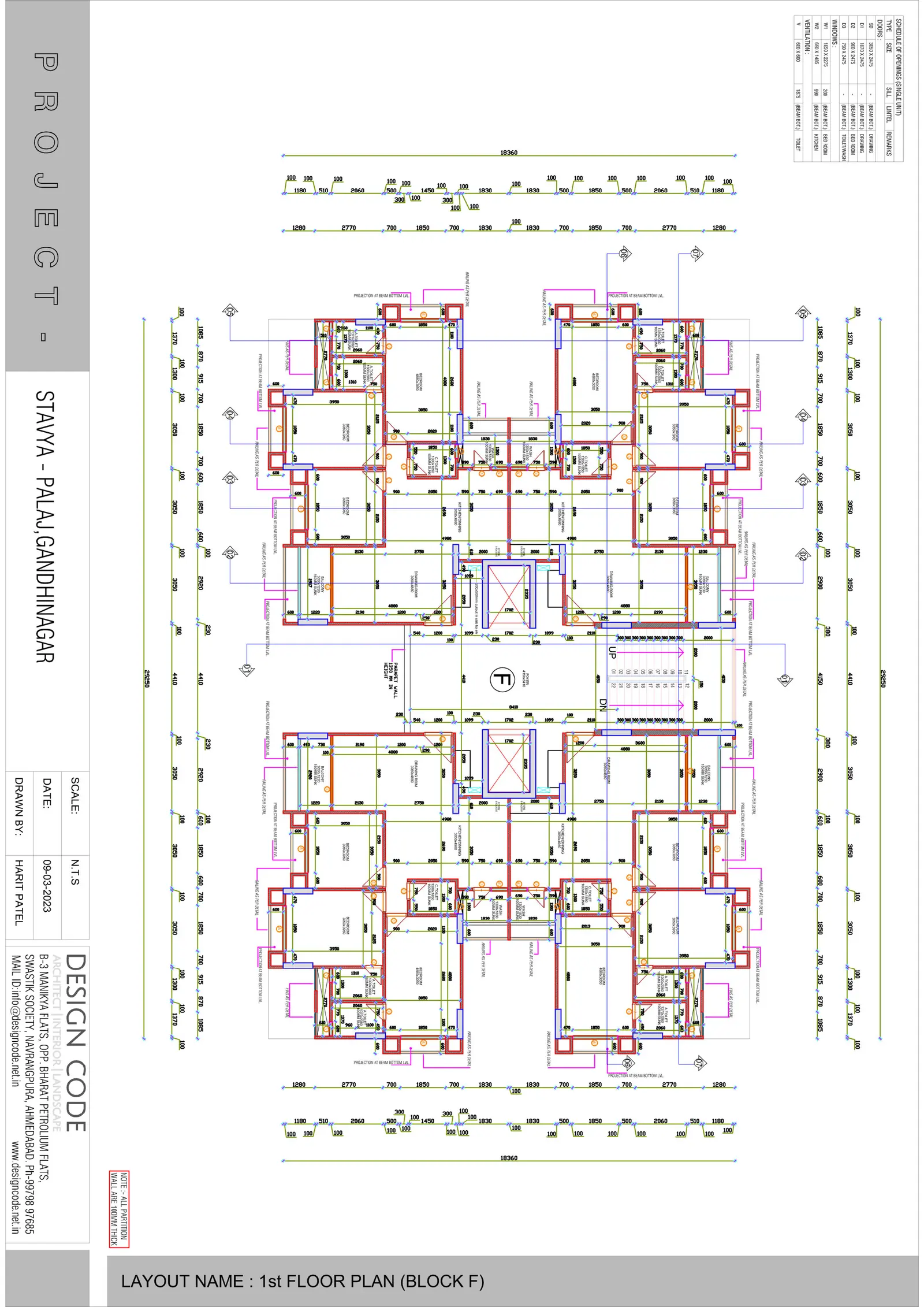 First floor plan of Block F: four apartments around a central core