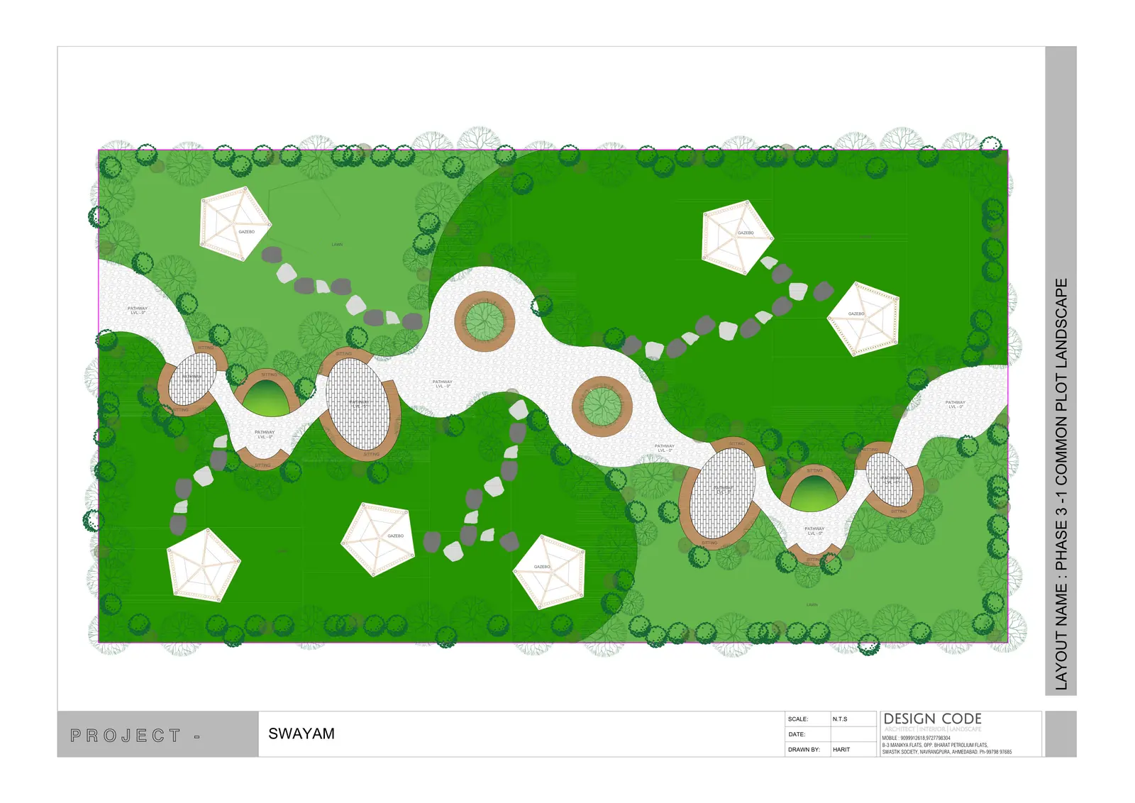 Phase 3 common plot landscape plan with gazebos, a winding path and lawns