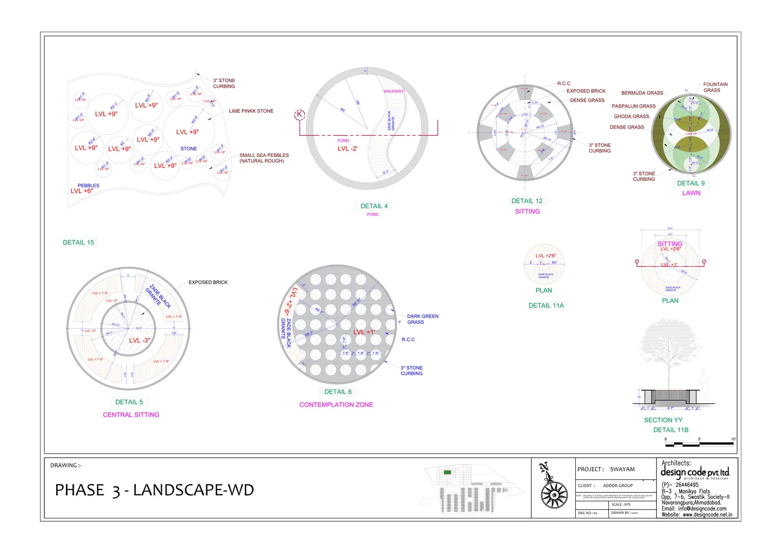 Landscape working details: circular seating, planters, paving and tree pits