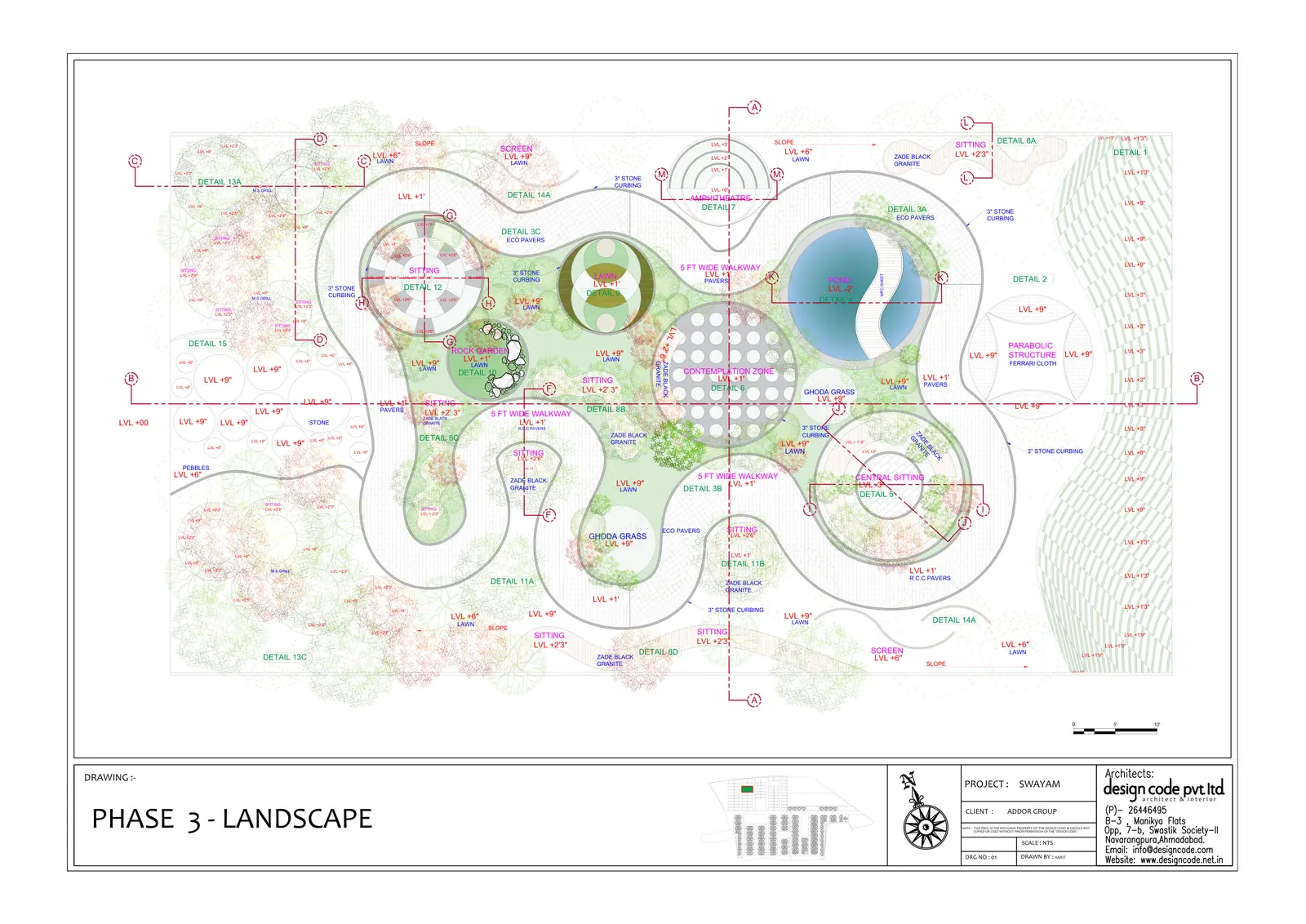 Coloured phase 3 landscape plan with curving paths, circular plazas, a pond and planting