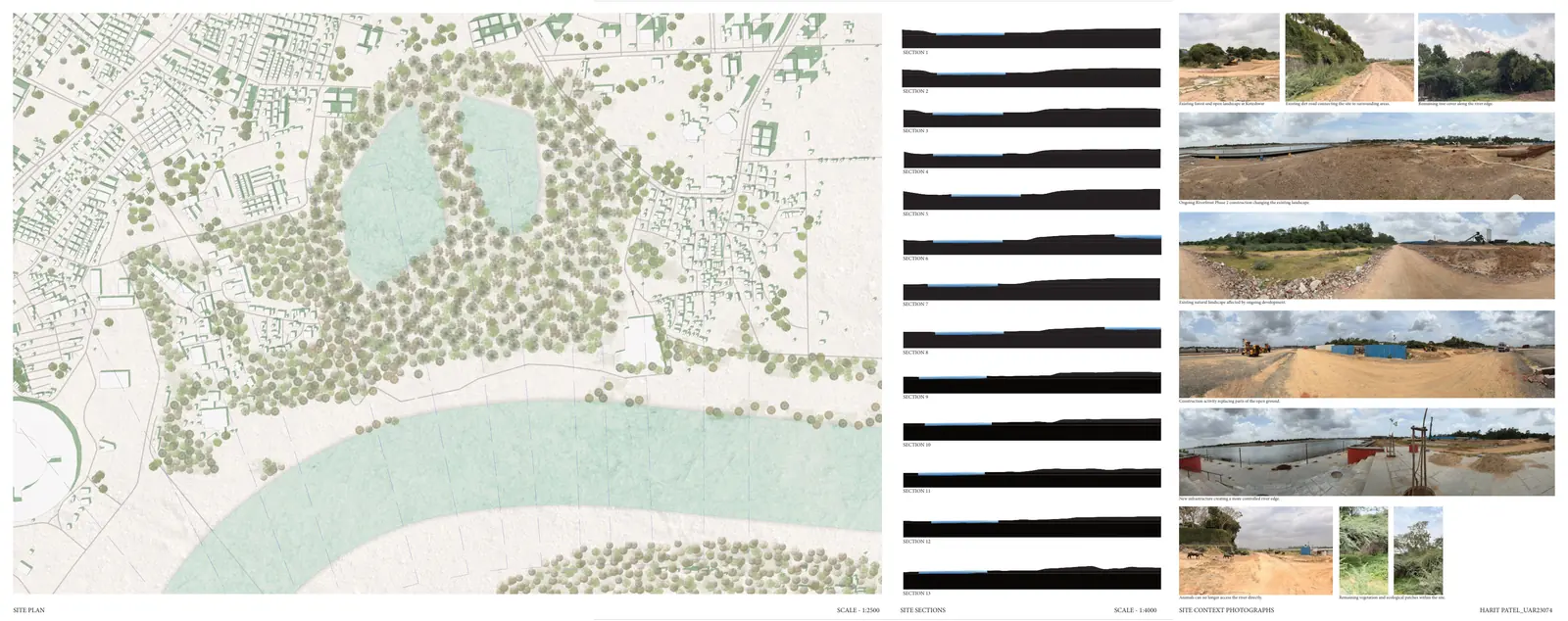 Site plan at 1:2500 of the Koteshwar stretch, thirteen site sections and site photographs